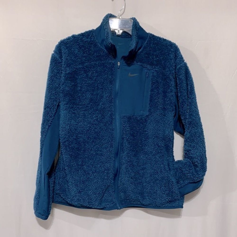 NIKE full zip jacket mix media plush faux Sherpa elastic waist/cuff women large